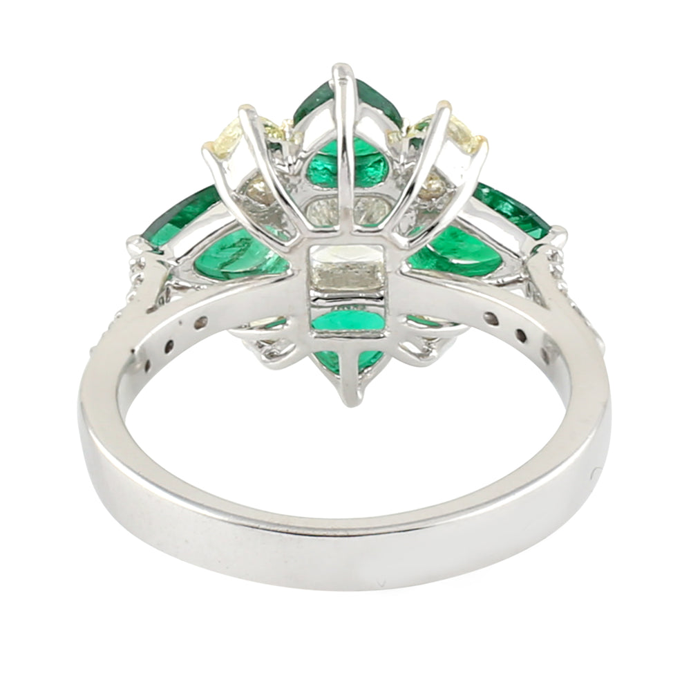 Flower Cocktail Ring Size Pear Prong Set Emerald Gemstone Diamond 18k Gold